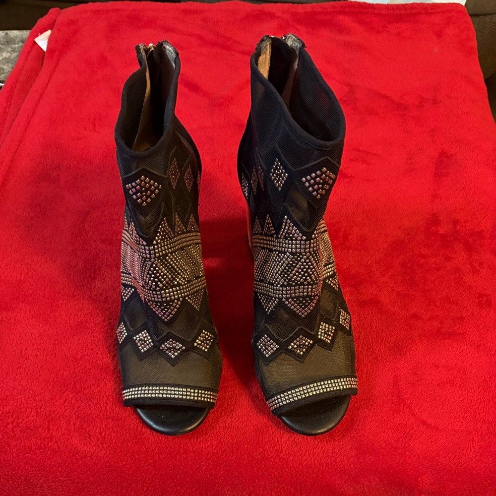 Black and Gold Women's Peep-Toe Ankle Boots by Katy Perry